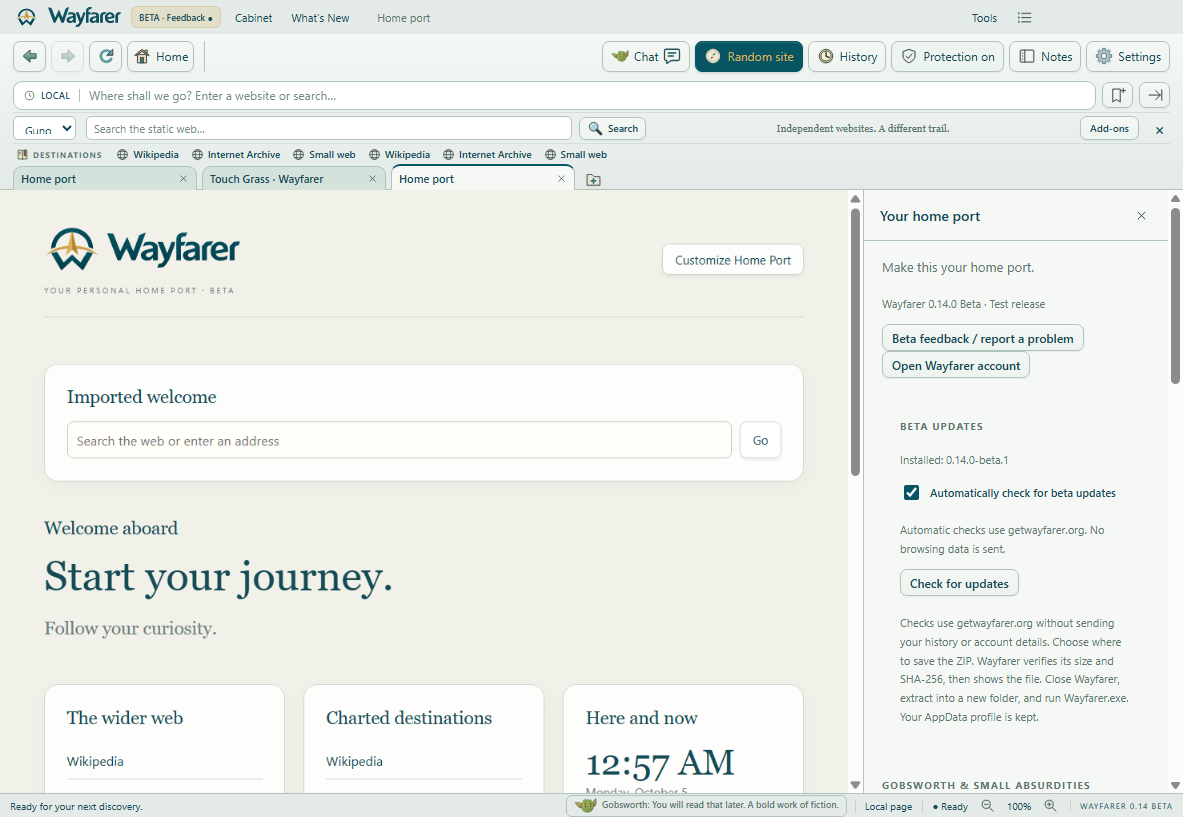Wayfarer browser with Home Port and its settings sidebar